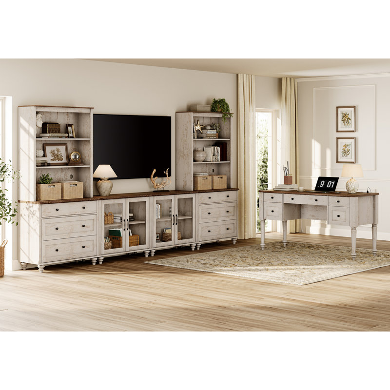 Living Room Table Set Farmhouse Style Desk And TV Stand Combo Set, TV Console With Bookshelves For Tvs Up To 75", Ample Drawers Glass Storage Cabinet,Writing Desk For Home Office And Living Room, Rustic White