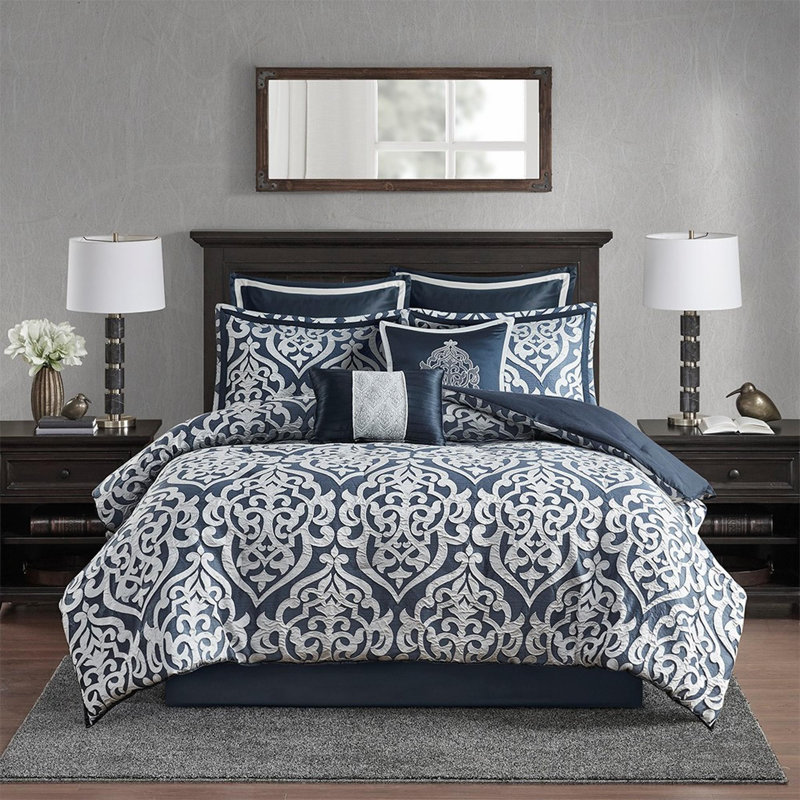 Polyester Jacquard Comforter 8 Piece Set, Queen Comforter + 7 Additional Pieces, Navy;Silver