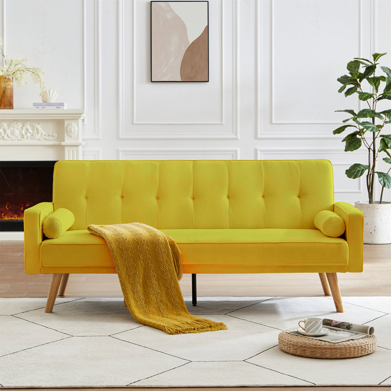 72" Mid-Century Style Linen Fabric Chesterfield Sofa 72"., Jaune