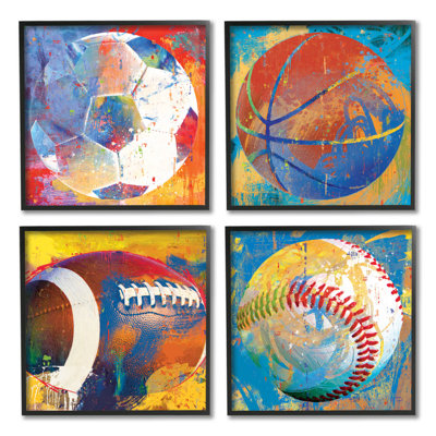 Collaged Urban Sports Balls 4 Pc Black Framed Giclee Art Set by Savannah Miler