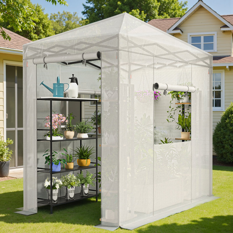 Pop Up Walk-in Greenhouse For Outdoors,protable Greenhouse With Roll-up Door, 68.9" D, White