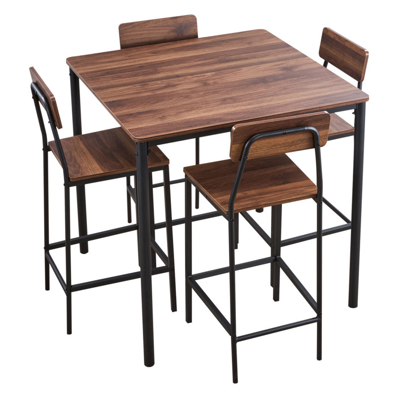Table de bar, ensemble de tables de bar 5 pièces 35 po, ensemble de tables de bar et de chaises à bords arrondis, table de pub carrée avec quatre tabourets pour le salon, la salle à manger, la cuisine, couleur noyer, noir