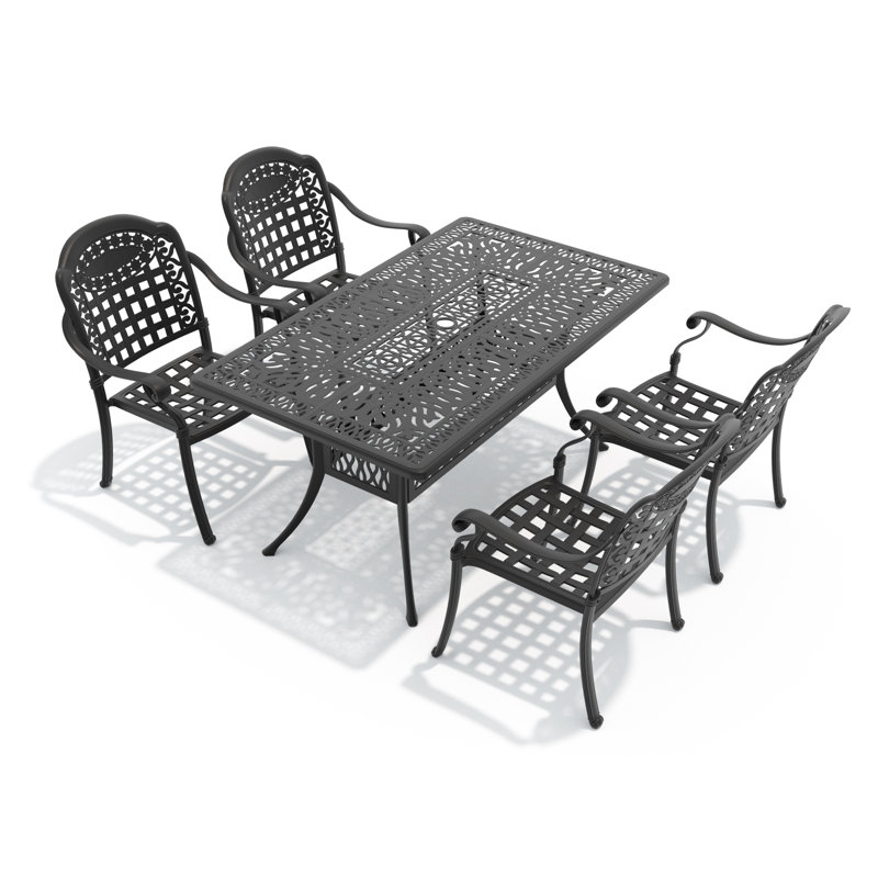 Ensemble de salle à manger rectangulaire pour patio 4 personnes, 148 cm de long, avec trou pour parasol, 4 chaises empilables avec coussins bleus