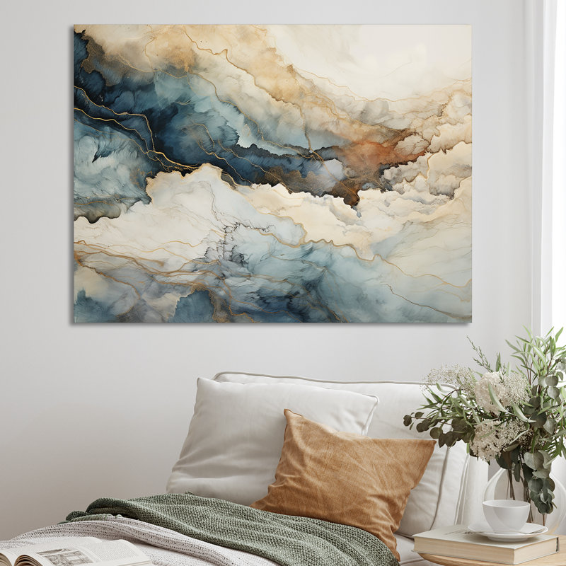«Blue and White Marble River», art mural abstrait en marbre, H 12 po x l 20 po x P 1 po, Cadre flottant doré