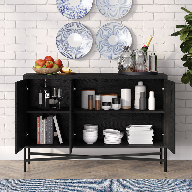 48" Fluted Sideboard with Adjustable Shelves & Cable Management — Black Grain Scandinavian Storage Cabinet for Dining Room or Living Room | Ceeva