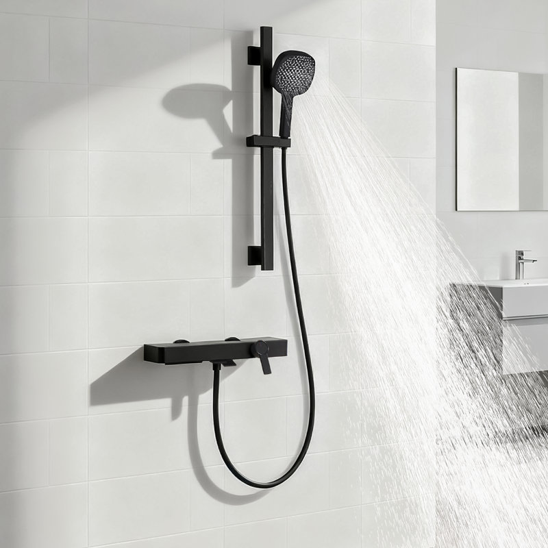 Ensemble de robinet de baignoire 2 boutons avec douchette carrée, Noir mat