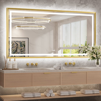 Bathroom LED Vanity Mirror, Modern Gold Framed, Lighted Wall Mirror with Anti-Fog, Dimmable 3-Color Temperature