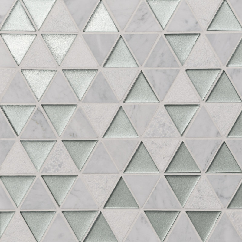 Carreau de verre et de mur à motif en verre 9 po x 10 po Kaikos, Argent / blanc Carrare