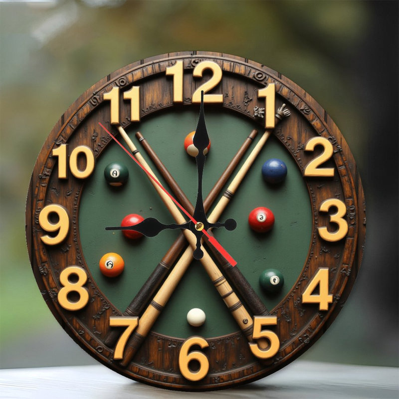 Billiard Pool Balls and Cues Display Wall Clock