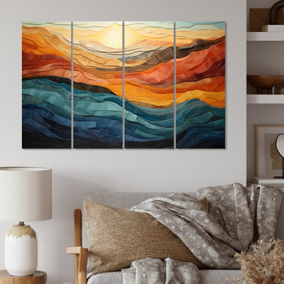 Coral Teal Bold Mountains Landscape - 4 Piece Wrapped Canvas Print