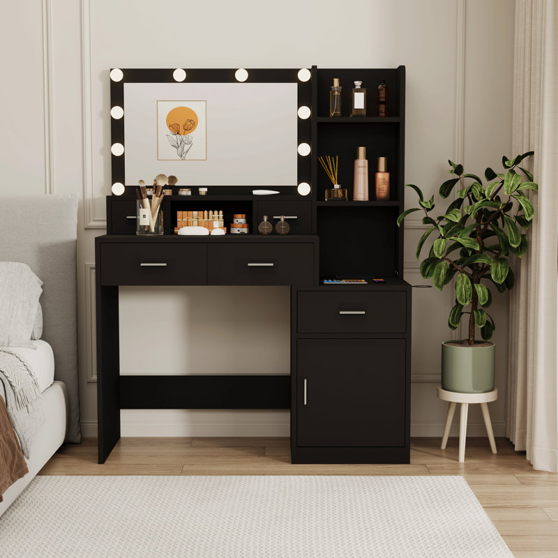 Nouvelle coiffeuse à miroir intelligente avec tiroirs et armoire de rangement, coiffeuse avec coussin de dressage, Noir