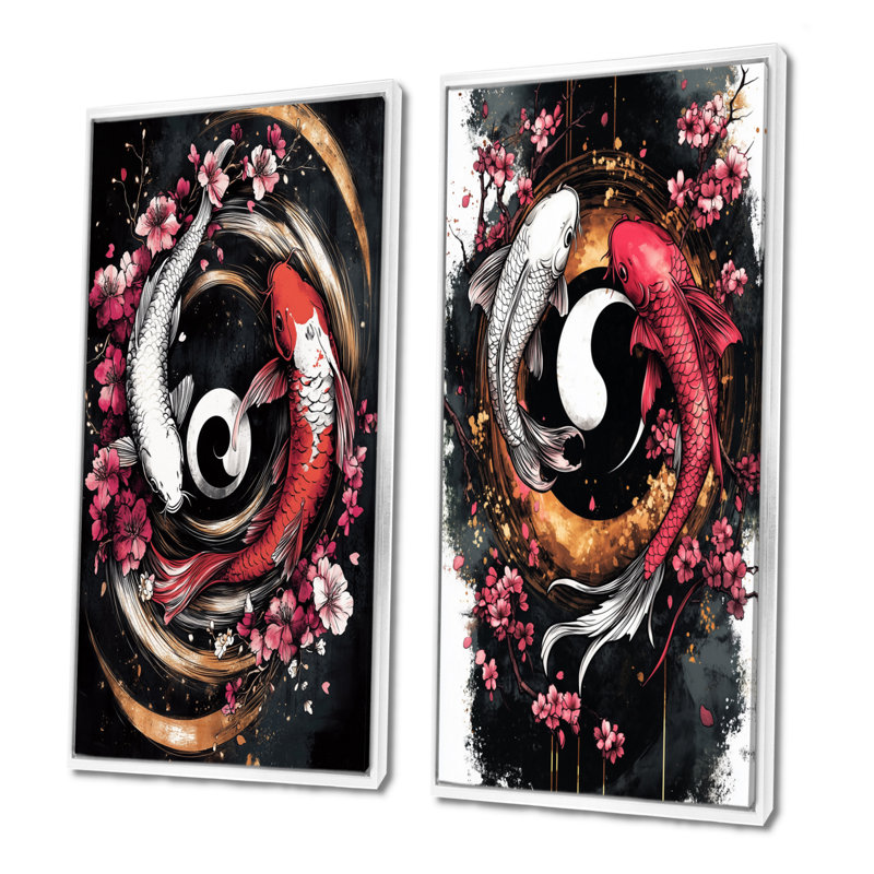 Ensemble d'art mural 2 pièces Sakura Yin et Yang Koi Pond I - Kois Fish, H 32 po x l 32 po, Impression encadrée, Blanc