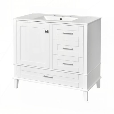 Meuble-lavabo moderne 36 po avec cadre en pin massif, 1 porte à fermeture douce et 3 tiroirs, armoire de rangement moderne
