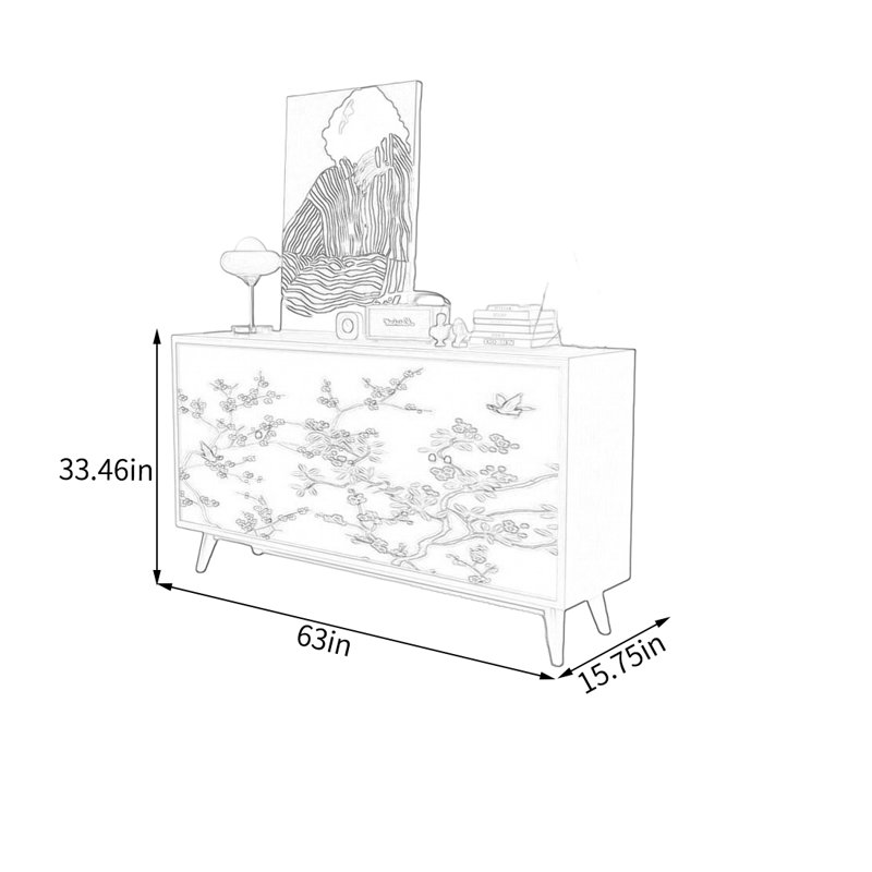 Buffet en noyer avec poignées rétro, H 33,46 po x l 63 po x P 15,75 po