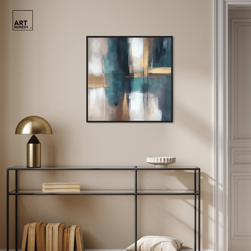 Art Remède abstrait avec reflets sur toile dorée en sarcelle et ocre II, H 25 po x l 25 po x P 1,8 po, Noir, noir, noir, noir