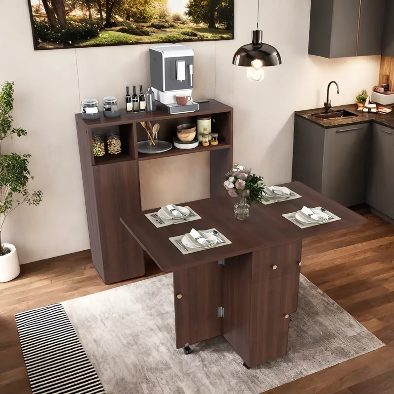 Folding Dining Table And Storage Sideboard With Charging Station, Multifunctional Space-Saving Kitchen Table With Wheels