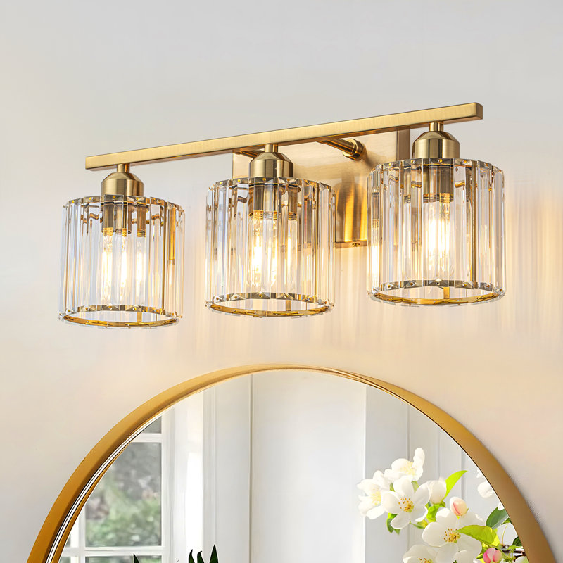 3-Light Dimmable Vanity Light with Cylinder Glass Crystal Shade, Gold