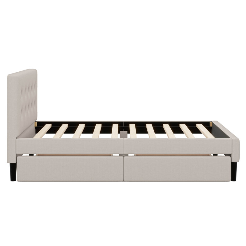 Lit plateforme simple tapissier avec 2 tiroirs, Beige