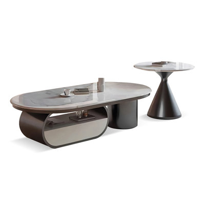 White Marble Manufactured Wood Stainless Steel Oval Coffee Table