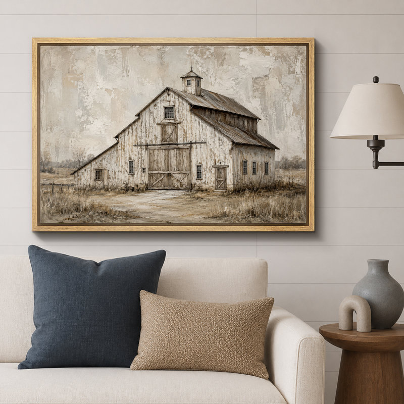 Illustration de paysage de grange rustique blanc, photos de maison de campagne, impression sur toile encadrée, Cadre naturel