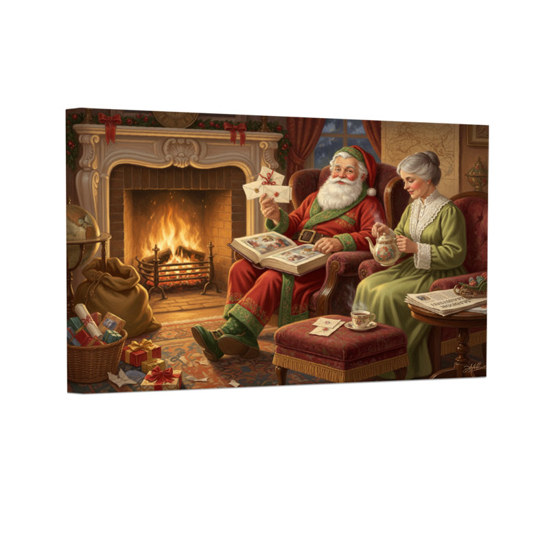 Noël père Noël et madame près du foyer, H 12 po x l 18 po