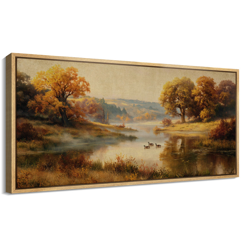 «Golden Autumn Lake Landscape with Trees and Waterfowl», impression murale sur toile encadrée, H 30 po x l 60 po x P 1,5 po