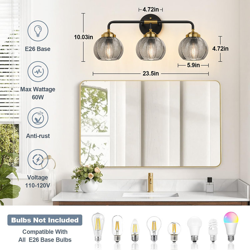 Lampe de salle de bain moderne à 3 lumières avec abat-jour en verre texturé pour miroir, couloir et salon, Verre fumé