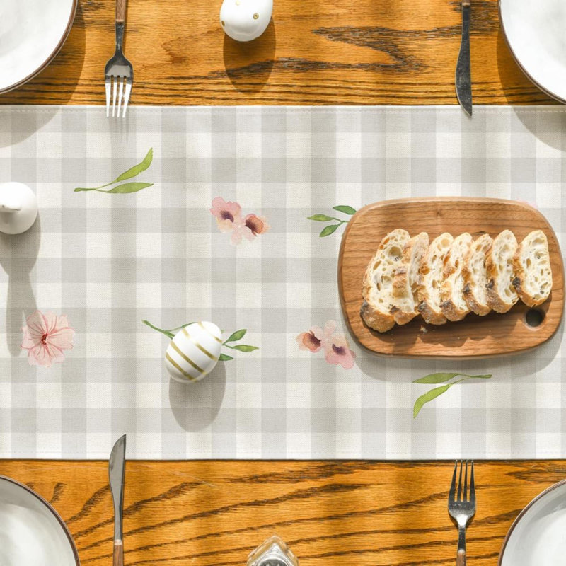 Buffalo Plaid Bunny Rabbit Ears Flower Easter Table Runner, Spring Summer Seasonal Holiday Kitchen Dining Table Decoration For Indoor Outdoor Home Party Decor