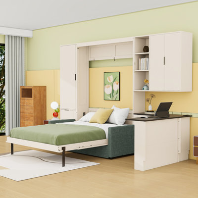 Queen Murphy Bed with Sofa and Desk,Drawers,Shelves