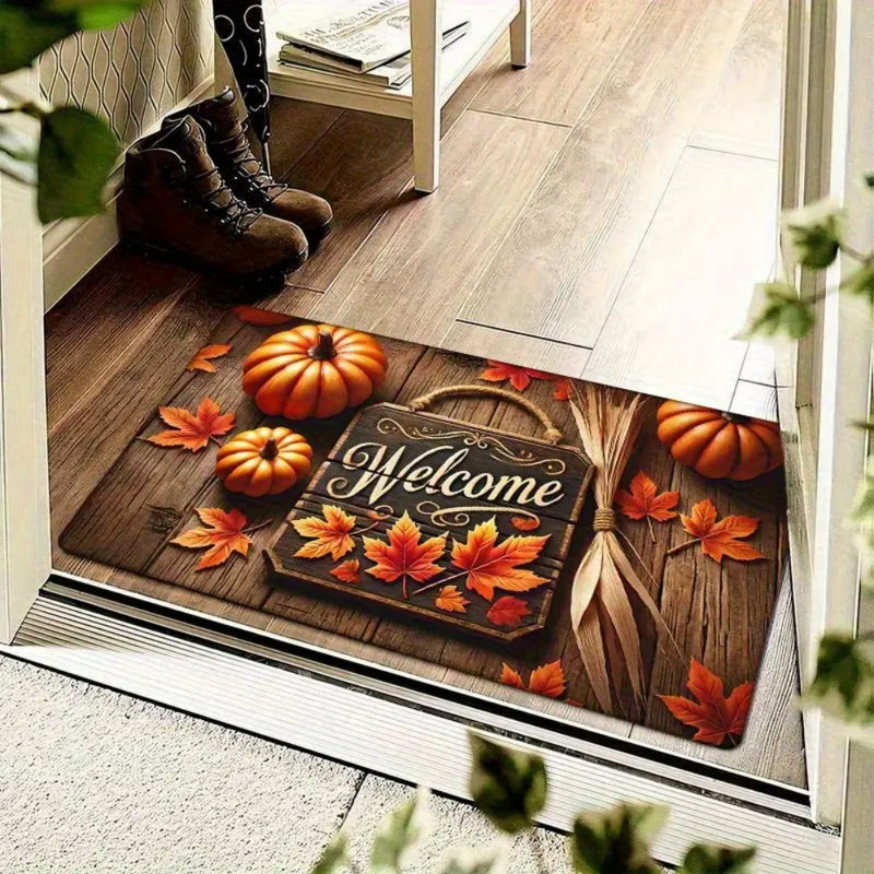 1Pc Thanksgiving Door Mat - Non-Slip Absorbent Machine Washable Polyester & Rubber Blend, Festive Pumpkin & "Welcome" Autumn Decor Mat For Entryway, Kitchen, Living Room, Bedroom, Laundry Room（16*24 Inches)