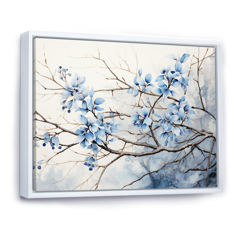 Art sur toile, feuilles bleues et grises, Cadre flottant blanc, H 16 po x l 32 po x P 1 po