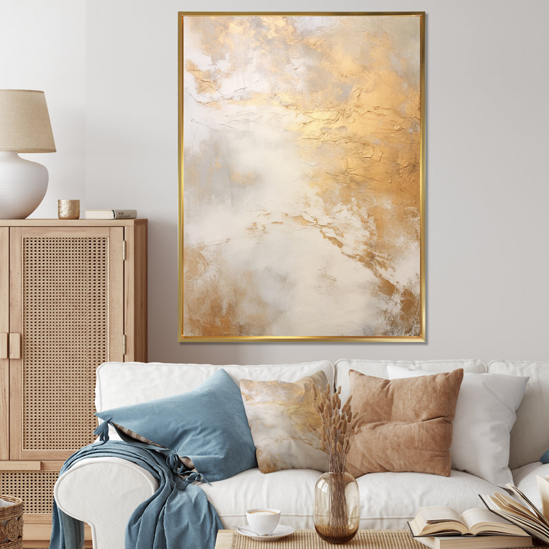 Géode de marbre magique doré et blanc I - Abstrait, art mural_106514, H 40 po x l 30 po x P 1,5 po, Cadre flottant doré