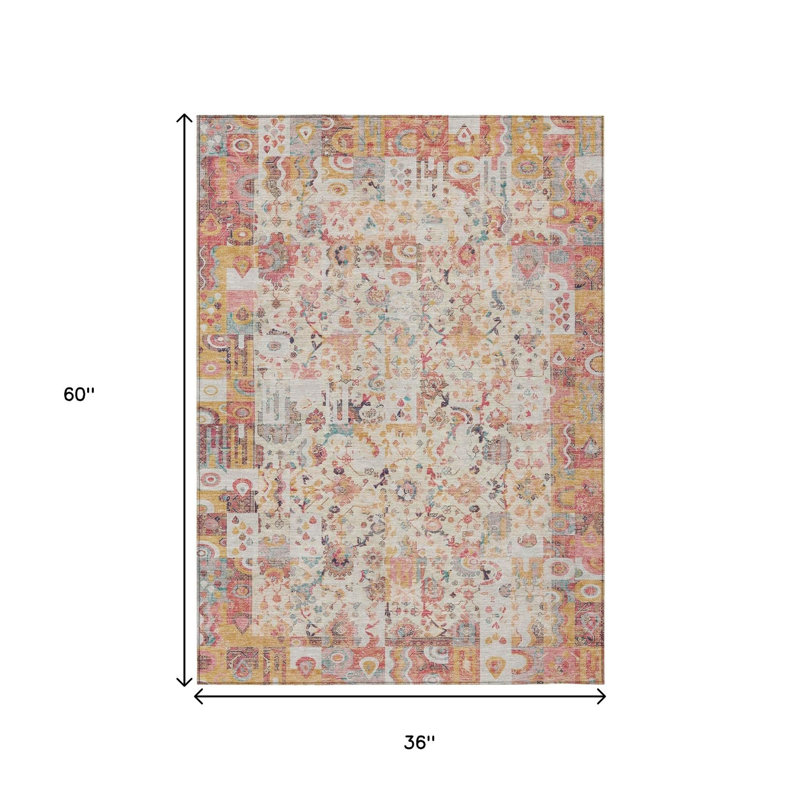 3' X 5' Pink And Ivory Patchwork Washable Indoor Outdoor Area Rug