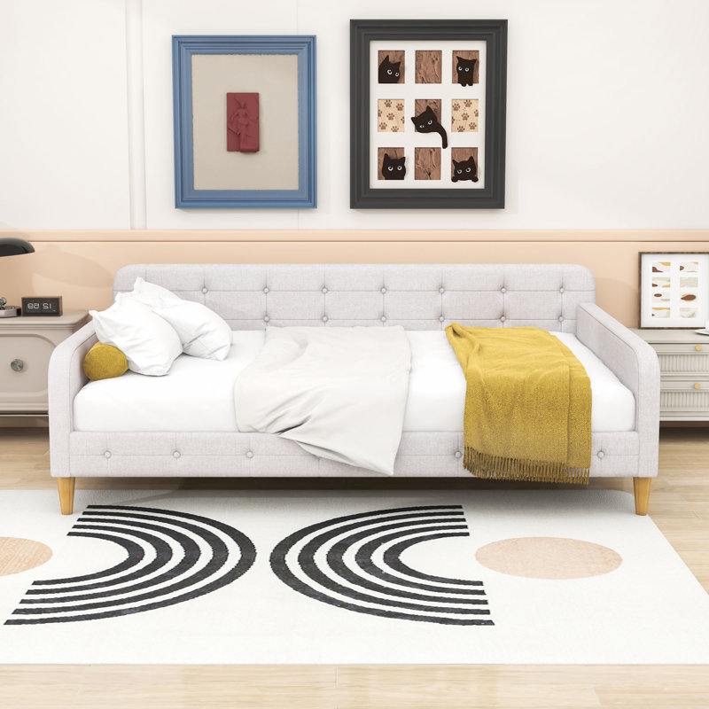 Elegant Linen Upholstered Daybed with Armrests, Beige, Full