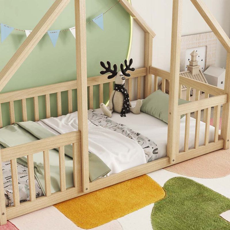 House-Shaped Floor Bed With Fence, Guardrails, Full, Natural