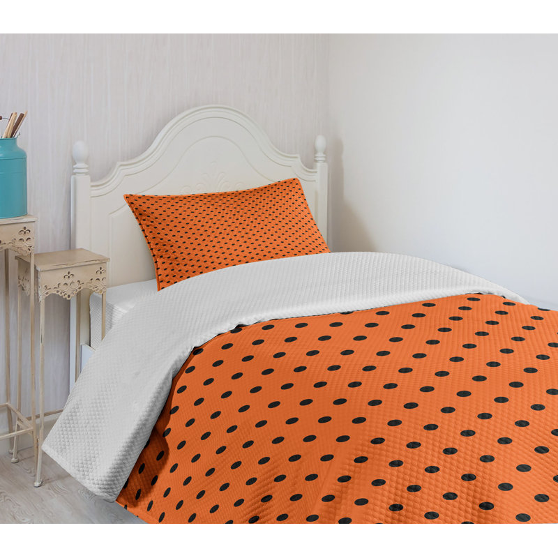 Twin Orange and Black Polka Dot Quilted Bedspread Set