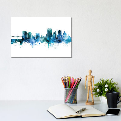 Asheville Skyline Blue Teal by Michael Tompsett - Wrapped Canvas Painting