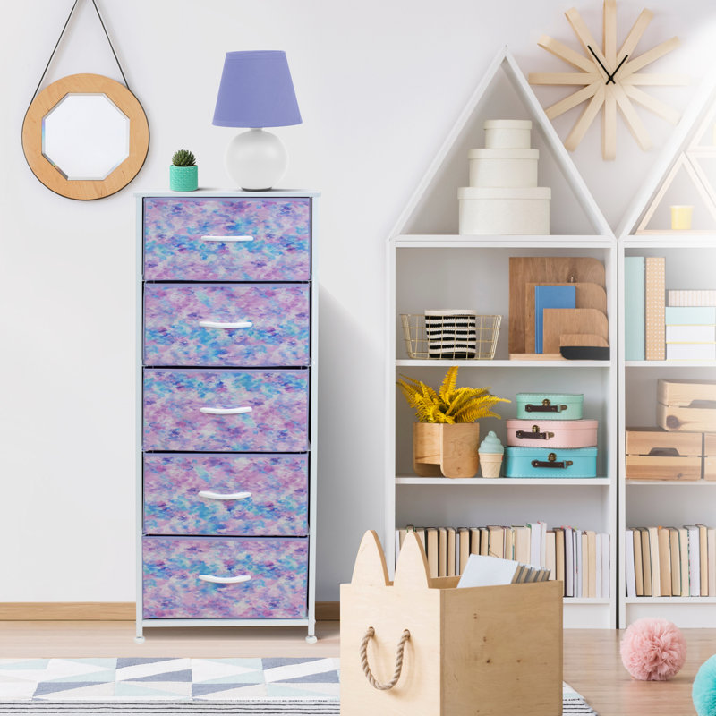 Sorbus Narrow 5 Drawers Nightstand with Steel Frame, Wood Top, & Fabric Bins, Tie-Dye Purple