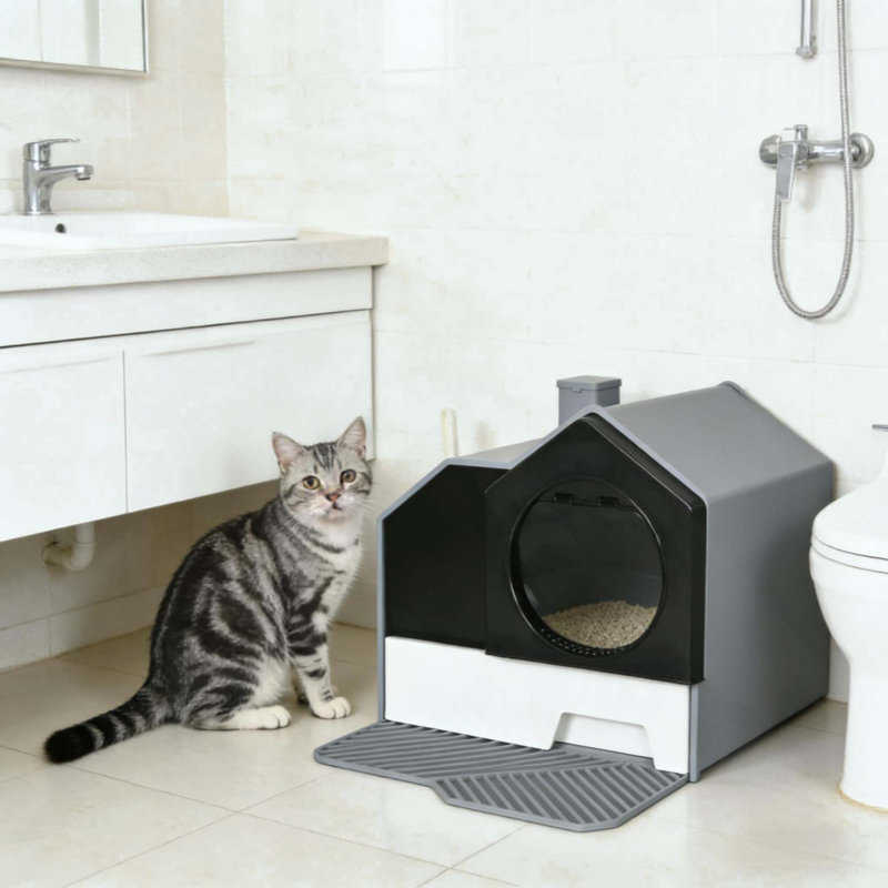 Bac à litière pour chat facile à nettoyer, Noir/gris/blanc