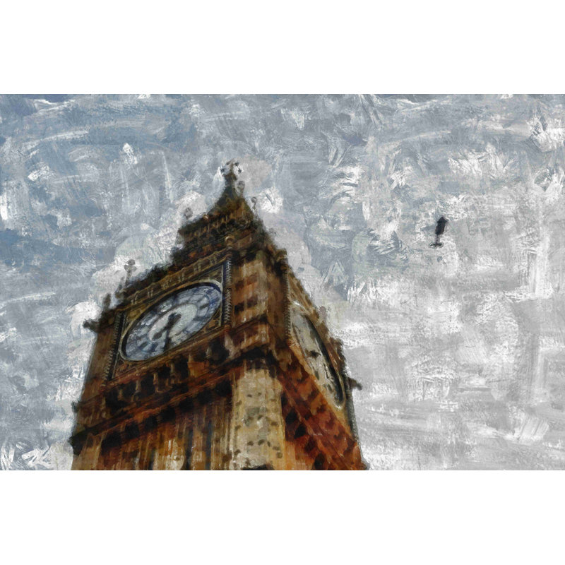 Horloge peinte et ciel gris - reproduction d'art sur toile tendue, H 8 po x l 12 po