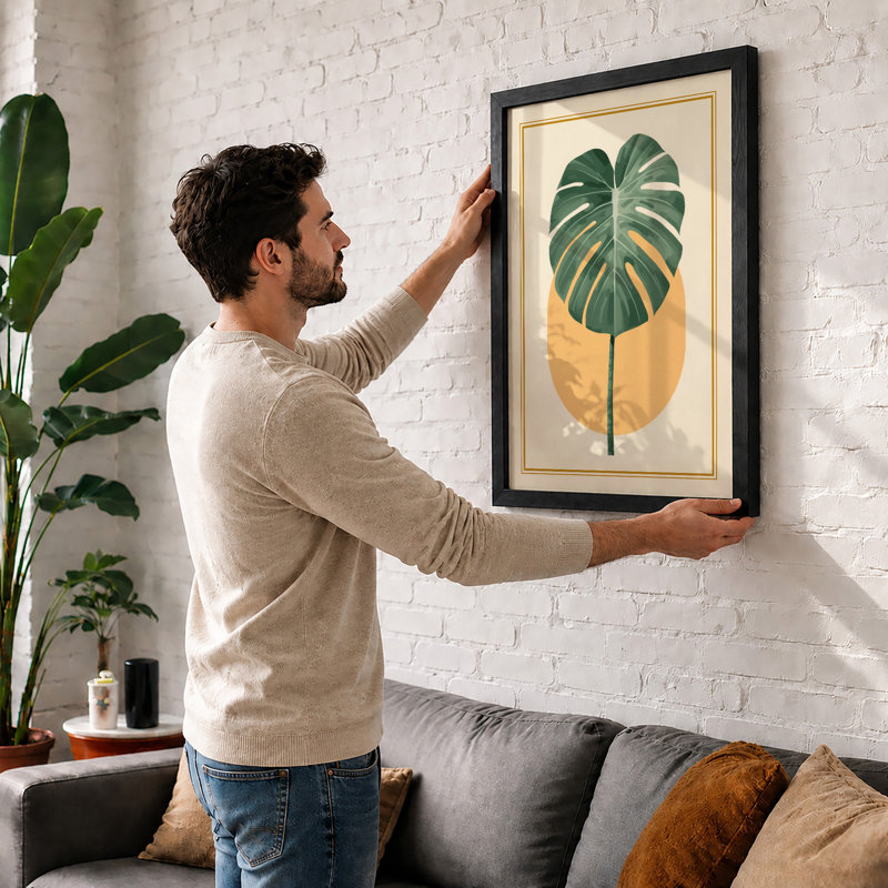 Monstera and Sun Botanical - Framed Print, A2 - 59.4 x 42.0 cm, White