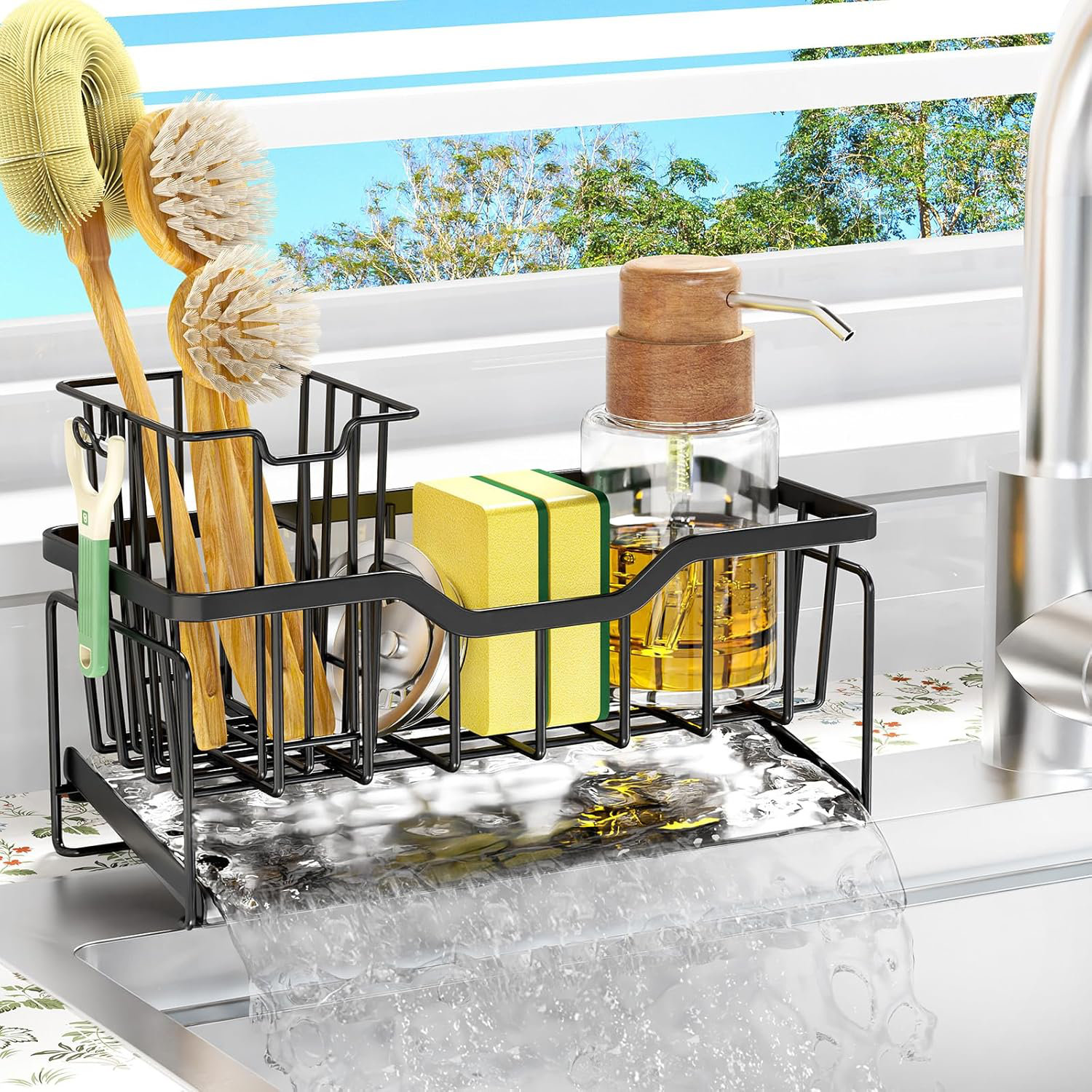 QIANXING Kitchen Sink Caddy Organizer With Drain Tray, Rustproof Sponge ...
