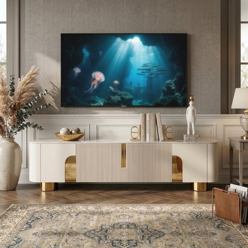 Modern 78.74″ Faux Marble TV Stand – Luxury Media Console with Gold Stainless Steel Base, 4 Storage Cabinets, Simple Assembly