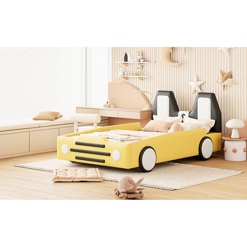 Lit plateforme jaune avec thème voiture de course et roues - sommeil confortable, sommeil relaxant, Jaune