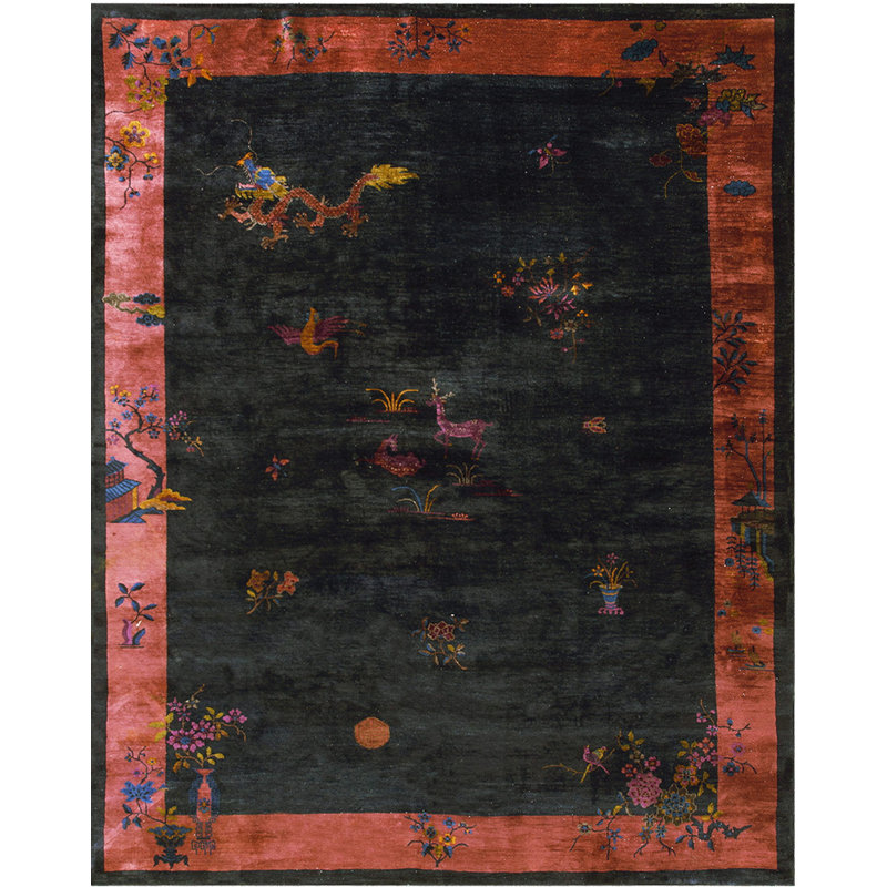Knotted Chinese Blue Rectangle - Art Deco Antique Room Size 1920s Wool Rug
