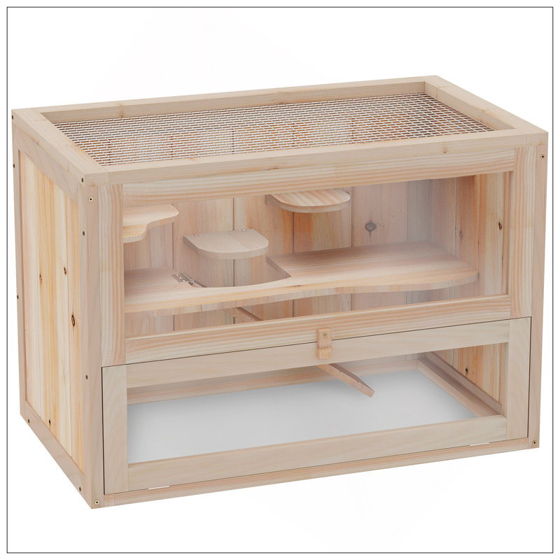 2-Level Wooden Hamster Cage With Openable Top, Front Door, Shelf, And Ladder For Small Animals
