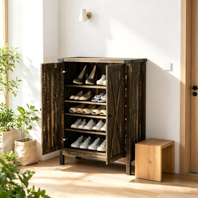 Armoire à chaussures style campagne 31,5 pouces, armoire de rangement à chaussures à double porte noire rétro avec tablette réglable, charnières à fermeture en douceur, cadre latéral renforcé, peut contenir jusqu'à 15 paires de chaussures pour la maison d'entrée