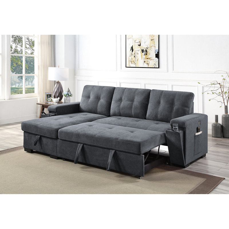 Canapé-lit modulaire 95 po avec méridienne en tissu et rangement gris, porte-gobelets cachés, deux poches de chargement pour une méridienne et un porte-lit réversibles décoratifs fonctionnels