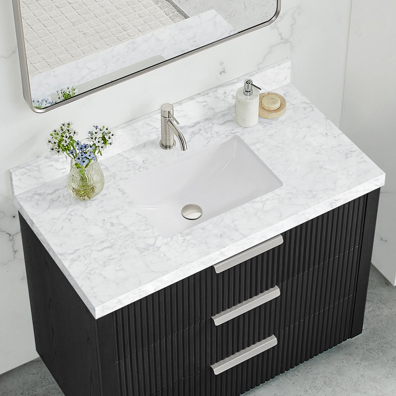 Zevio l 43 po x P 22 po comptoir en marbre naturel de Carrare blanc avec lavabo simple rectangulaire blanc