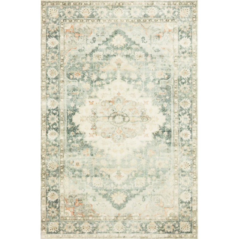 Oriental Teal/Ivory Area Rug, Rectangle 2'2" x 5'